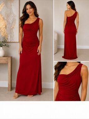 American Living Red One Shoulder Ruched Maxi Dress Size 8 Elegant Evening Gown